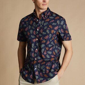 Charles Tyrwhitt | Non-Iron Stretch Short Sleeve | Large | Slim | Leaf Navy